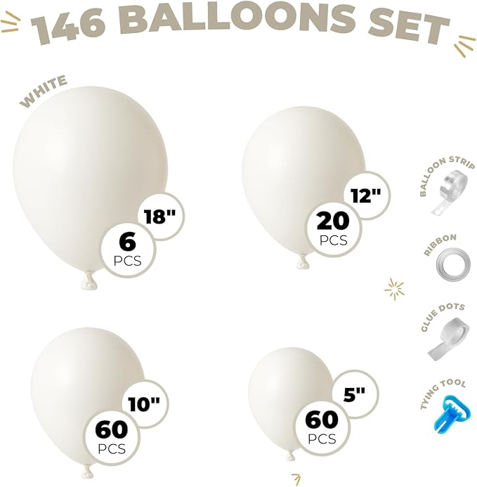 Balloon Garland Arch Kit – 146 Pcs White Balloons for Baby Shower, Birthday, Gender Reveal, Wedding Party – DIY Kit by Vellax™