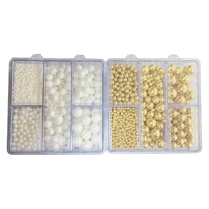 Edible White and Gold Pearl Sprinkles for Cake Decorating, (2-Pack) Mixing 4 Sizes Sugar Cupcake, Ice Cream, Donuts, Macaron Toppings Supplies 6.35oz/180g