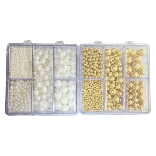 Edible White and Gold Pearl Sprinkles for Cake Decorating, (2-Pack) Mixing 4 Sizes Sugar Cupcake, Ice Cream, Donuts, Macaron Toppings Supplies 6.35oz/180g