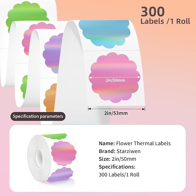 300 Labels/Roll 2" Holographic Round Thermal Labels, Scalloped Multi-Colors Blank Circle Sticker for Small Business, Thank You, Logo Design, Waterproof for Direct Thermal Label Printers