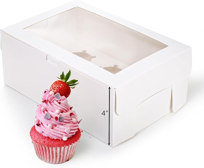 Yesland 30 Pack White Jumbo Cupcake Boxes, 6 Cupcake Containers with Windows, Handle Tray and Inserts, 10 x 6.8 x 4inch Tall Paper Cupcake Holder Carrier for Muffins, Standard or High Creams Cupcakes