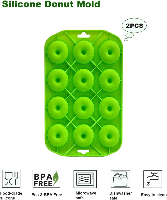 Mini Donut Pan for Baking, 2 Pack Donut Mold Silicone Doughnut Pan for Making Donut, Bagels, Cake, BPA Free, Green