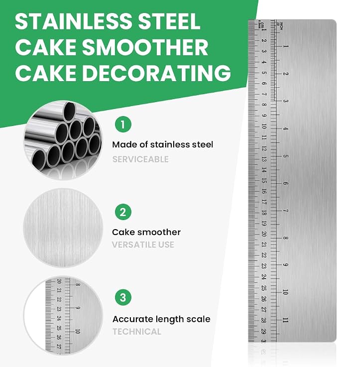 Cake Scraper Smoother with Built-In Scale, Stainless Steel Icing Smoother, 11.81 X 3.15 in, Smooth Edge Cake Comb Alternative for Buttercream Frosting and Cake Decorating