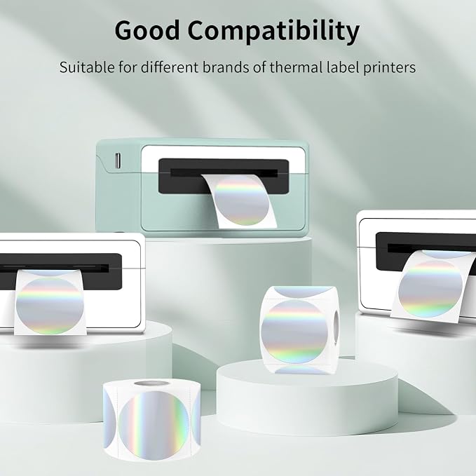 2 Inch Round Holographic Thermal Labels, Waterproof Direct Thermal Stickers, Self-Adhesive Circle Label for Small Business DIY Logo QR Code, Silver (200 Pcs/Roll)