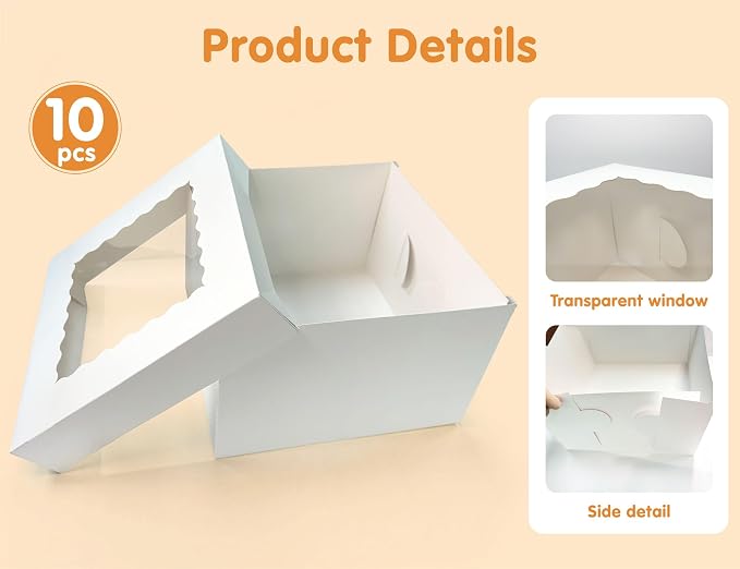 10 Pcs Cake Boxes,12x12x8 Inches White Bakery Boxe with Window,Tall Dessert Boxe,Cookie Boxe for Multi-Layer Cakes,Cake Containers for Birthday,Party,Valentine’s Day by GBF
