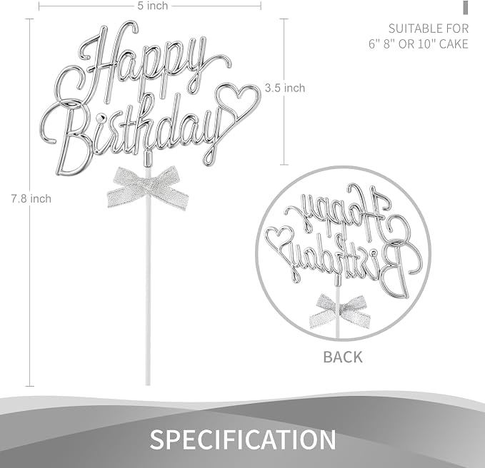Silver Happy Birthday Cake Topper Plastic - 3D Double Sided Cursive Happy Birthday Sign for Cake with Bow, Idea for Cake Decoration (SILVER)