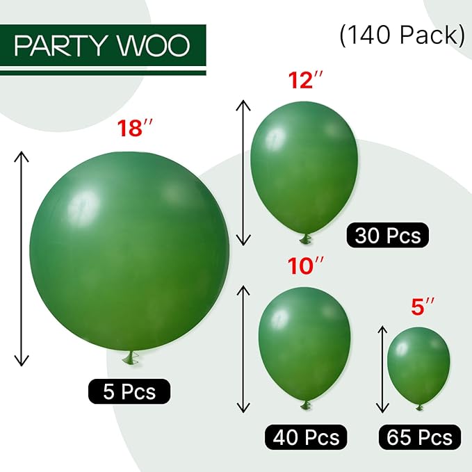 PartyWoo Green Balloons 140 pcs Different Sizes of 18 12 10 5 Inch Dark Green Balloon Arch Kit Garland for Birthday Graduation Bachelorette Dinosaur Jungle Golf Theme Party Decorations Green-Y56