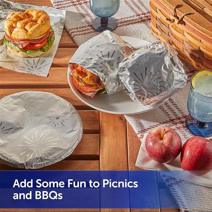 Reynolds Wrap Fun Foil with Festive Firework Pattern, Embossed Aluminum Foil Roll, Festive Embossed Foil for Covering Summer Dishes for BBQs, 25 Sq. Ft.
