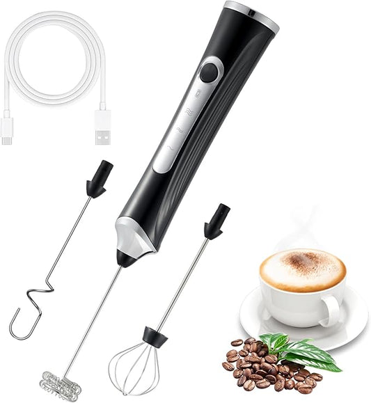 Handheld Electric Milk Frother with 2 Heads, Coffee Whisk Foam Mixer with USB Rechargeable 3 Speeds, Foam Maker Blender for Latte, Cappuccino, Hot Chocolate, Egg (Type 5)