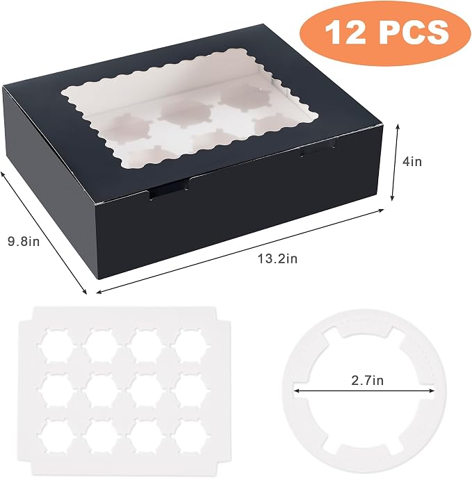 Hoewina 12PCS Cupcake Boxes - Hold 12 Count Cupcake Containers with Window, Food Grade Cupcake Holder Easy Transport and Presentation - Ideal for Cupcakes, Desserts, and More (Black)