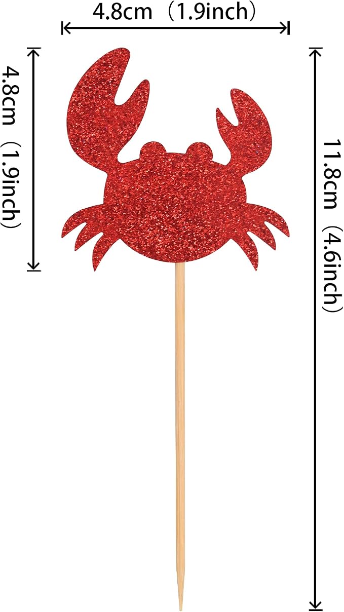 24 PCS Crab Cupcake Toppers Red Glitter Ocean Crab Cupcake Picks Seafood Ocean Animal Theme Baby Shower Kids Birthday Party Cake Decorations Supplies