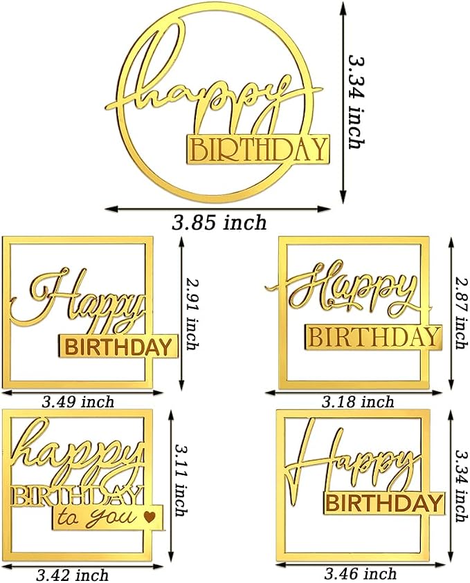 5pcs Acrylic Happy Birthday Cake Toppers Happy Birthday Sign Cakes Decor Round Square Side Cupcake Toppers Mirror Gold Cake Decorations for Women Men Birthday Party Supplies