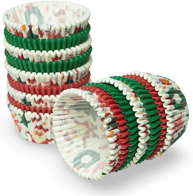 500 Paper Cupcake Liners, Muffin Liners or Baking Cups for Desserts, Muffins, Cupcakes and More Treats; Grease Proof, Food Grade, Nut Serving Containers (Christmas)