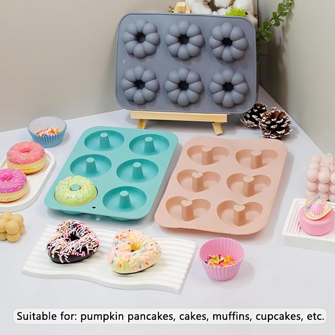 3PCS Silicone Donut Molds + 1PCS Rabbit Gummie Molds, Non-Stick Baking Doughnut Pan Tray for Pumpkin Pancake, Cake, Muffin, Cupcake