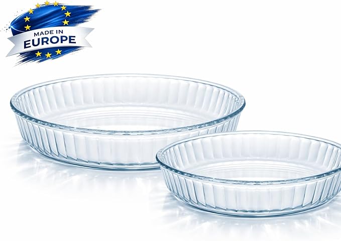 2-Piece Ums Round Glass Baking Dishes for Oven, Round Baking Dish, Glass Casserole Dish, Glass Pie Pan, Borosilicate Glass Cookware, Microwave and Dishwasher Safe Clear Bakeware, 12.5" & 10.2" Sizes
