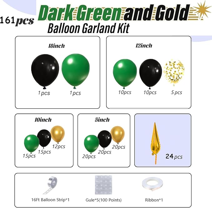 Bonropin 161pcs Green and Gold Black Balloon Arch Kit with Explosion Star Balloons, 5/10/12/18in Emerald Forest Dark Green Black Metallic Gold Balloons for Birthday Graduation Wedding Party Decoration