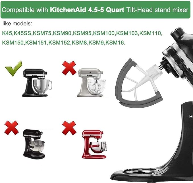 Flex Edge Beater Fit for Kitchenaid Mixer, 4.5-5 Quart Tilt-Head Flat Beater Fit for Kitchen Aid and Accessories Attachments with Silicone Edges Flex Edge Bowl Scraper Bonus 4 Soft Scraper