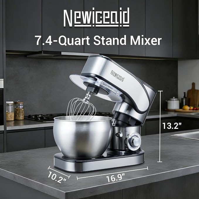 Stainless Steel Stand Mixer, 6-Speed Tilt-Head Mixer with 700W Powerful Motor, 7.4QT Large Capacity Bowl, Electric Kitchen Mixer with Dough Hook, Beater, Whisk for Baking & Dough Making