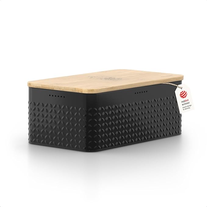 LARS NYSØM Bread Box I Metal Box for long lasting freshness I Bread Bin with bamboo lid usable as cutting board I 13.4x7.7x5.3In (Midnight Black)