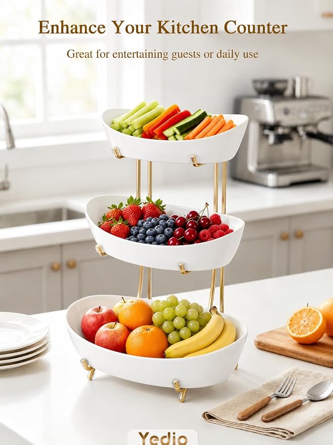 3 Tier Fruit Bowl for Kitchen Counter, No Assembly Required Ceramic Fruit Basket with Metal Stand, Tiered Fruit Stand for Countertop for Fruit, Veggies, Snacks, Cake & Desserts