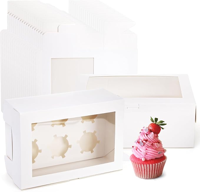 Yesland 30 Pack White Jumbo Cupcake Boxes, 6 Cupcake Containers with Windows, Handle Tray and Inserts, 10 x 6.8 x 4inch Tall Paper Cupcake Holder Carrier for Muffins, Standard or High Creams Cupcakes
