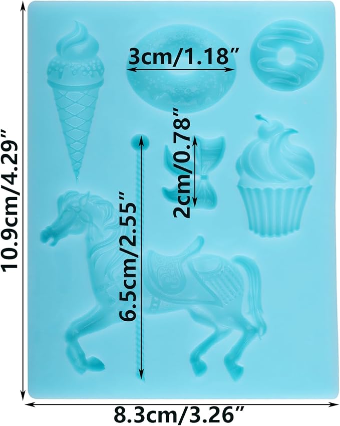Carousel Horse Fondant Molds Ice Cream Doughnut Silicone Chocolate Molds for Cake Decorating Cupcake Topper Candy Gum Paste Polymer Clay