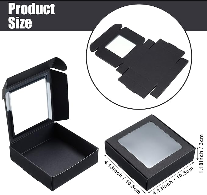 Zonon 60 Pcs Kraft Paper Boxes with Window 4.13 x 4.13 x 1.18 Inch Candy Packaging, Small Gift Boxes, Soap holder, Mini Treat Packaging for Bakery Chocolate Jewelry Display (Black)