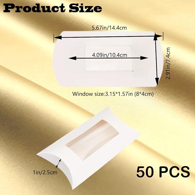 50 Pcs Pillow Gift Boxes with Windows,Kraft Paper Mini Pillow Packaging Box, Creative Favor Box Folding Treat Boxes with Clear Window for Bakery Candy Chocolate Jewelry Display Wedding Party (White)