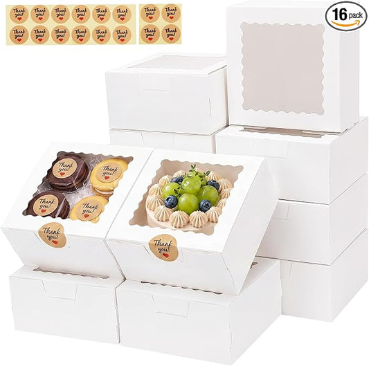 TOMNK 16pcs Cookie Boxes with Window, 6x6x3 Inches Bakery Boxes for Treats, Chocolate Covered Strawberries, Cupcake, Pastry(with Stickers)