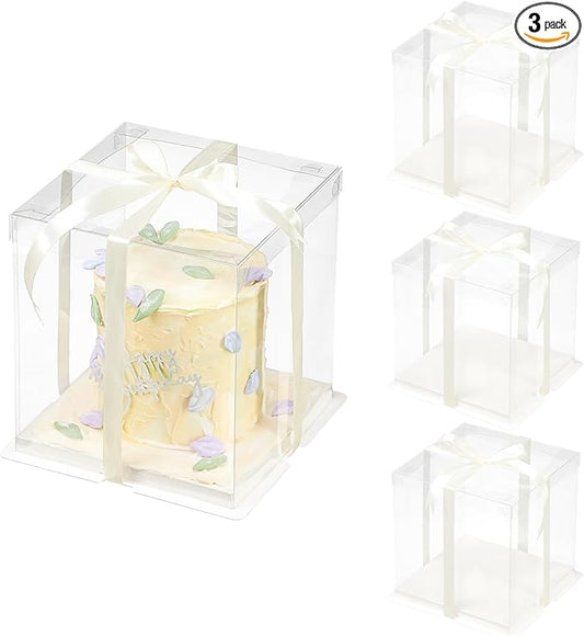 3 Pcs Clear Gift Box with Ribbon 2-Layer 8.5x8.5x9 Inch, Transparent Cake Carrier Box with Lids, PET Tall Cake Packaging Boxes, Clear Gift Boxes for Birthday,Wedding and Festival Party