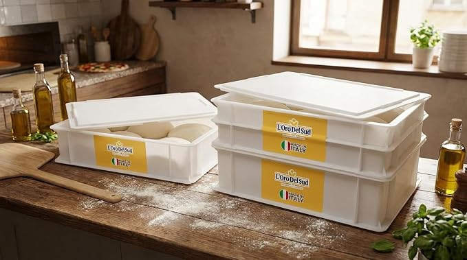 L'Oro Del Sud Commercial Dough Proofing Box Tray with Lid, White, 2 Trays | 23.6" x 15.74" x 2.75" Stackable Dough Tray for Pizza Dough Proofing, Impact and Temperature Bin Resistant, Product of Italy