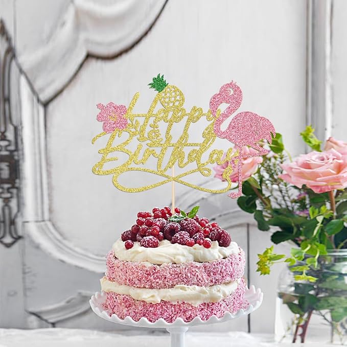 1 PCS Flamingo Happy Birthday Cake Topper-Glitter Palm Tree Turtle Leaf Flower Pineapple Flamingo Cake Pick Decorations,Tropical Hawaiian Luau Theme Baby Shower Boys Girls Party Decoration Supplies