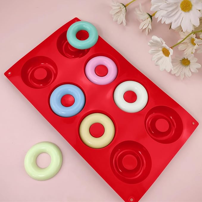 2er Pack Silicone Donut Mold - Non-Stick Silicone Doughnut Pan DIY Chocolate Baking Cookie Molds, Heat Resistant, Make Donut Cake Biscuit Bagels, BPA Free Dishwasher Safe (red, 8 Cavities)