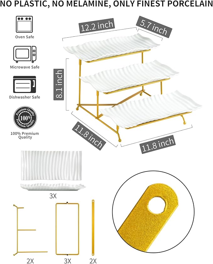 LAUCHUH 3 Tier Trays Stand, Porcelain Serving Trays Collapsible Sturdier Stand Serving Platters Dessert Table Display Set for Indoor Father's Day Party, Entertaining, Gold, 12.2 Inch