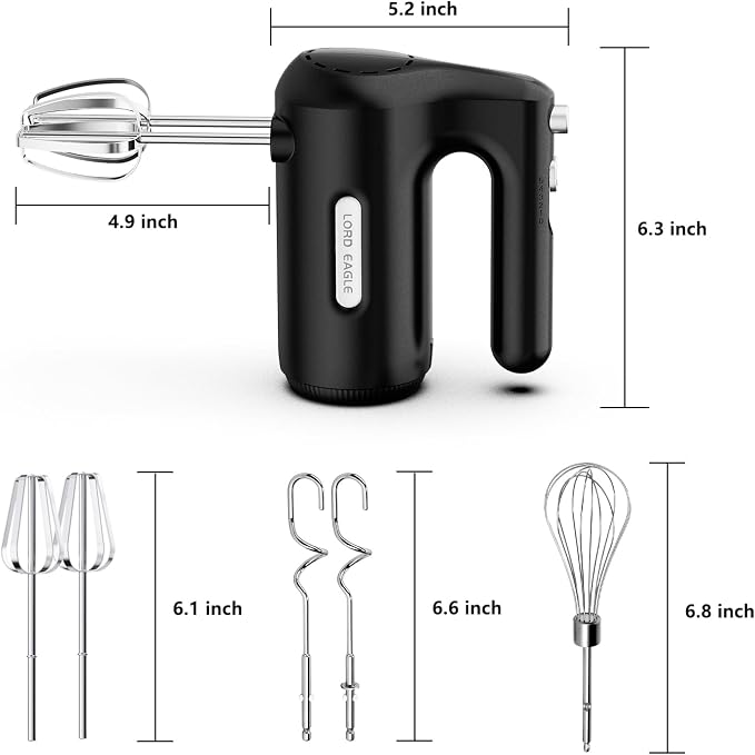 Lord Eagle 5-Speed Hand Mixer Electric, 300W Compact Handheld Mixer, Portable Kitchen Egg Beater with 5 Attachments & Storage Bag, Cake Supplies for Bread Dough Baking, Lightweight, Black