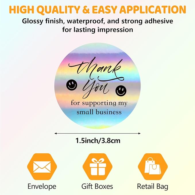 1000 PCS Holographic Thank You Stickers for Small Business | 1.5 Inch, Self-Adhesive Waterproof Labels, Smile Design Stickers, Envelope Seals for Packaging, Gift Bags, Boxes