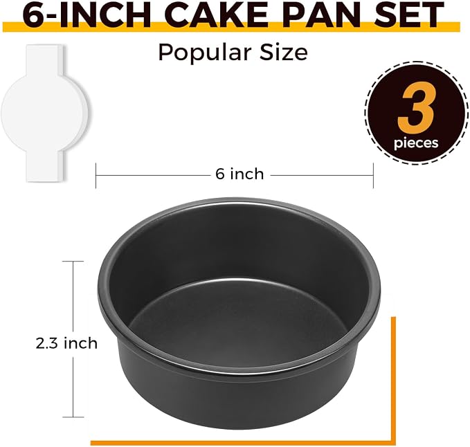 HONGBAKE 6 Inch Round Cake Pan Set for Baking with Healthy Parchment Paper, Nonstick Deeper Circle Cake Pans with Wider Grips, 3 Pieces Premium Layer Cake Tin, Cheesecake Mold, Huty Duty - Grey