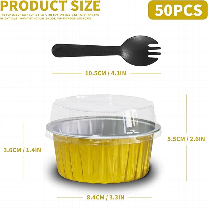 Graduation Party 50Pcs Mini Aluminum Foil Cupcake,5oz Baking Cups with Lids,Mini Cake Pans Disposable,Loaf Pans with Lids,Disposable Ramekins,Tin Cups Containers for Cupcake,Pudding,Muffin (Gold)