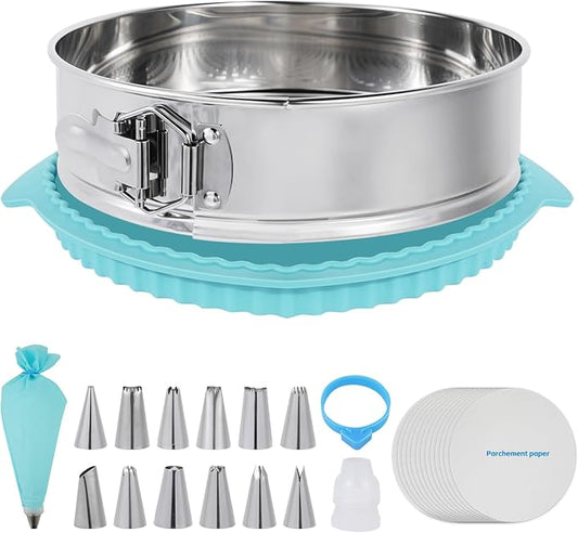 10 Inch Springform Pan for Baking, 304 Stainless Steel Cheesecake Pan with Removable Bottom, Includes 12 Piping Tips and 50 Parchment Papers for Pie Cake Pizza and Quiches(10" Cake pan)