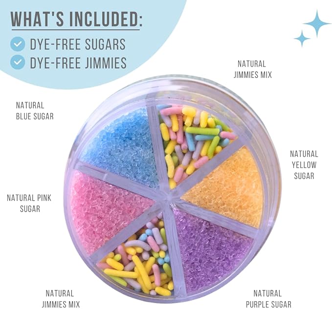 Sweets Indeed Dye Free Pastel Sprinkles 6 Cell, Yellow Blue Purple and Pink Sugar with Pastel Jimmies, No Artificial Dyes, Edible Cake Decorations Baking Ice Cream Cookies Cupcake Topper, 2.75 ounces