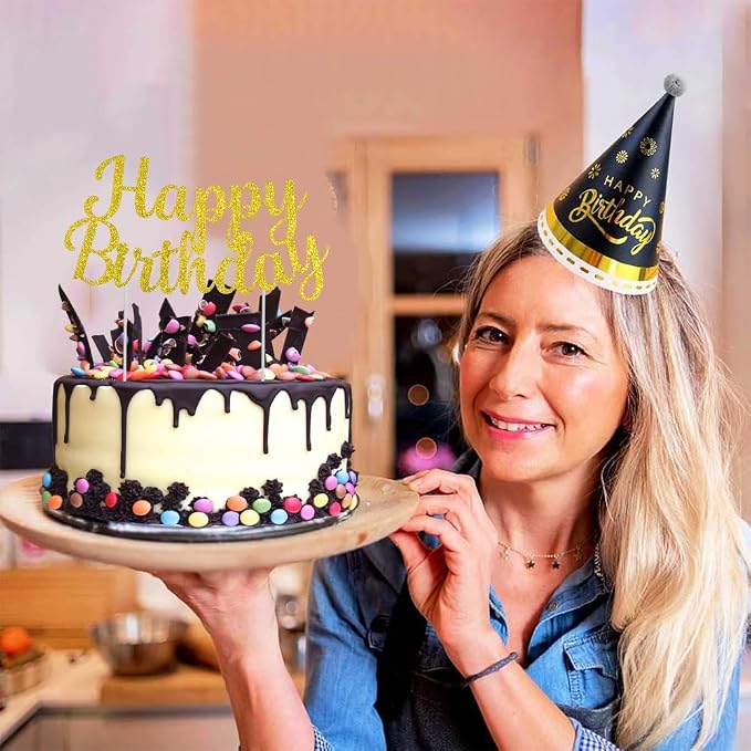 BEISHIDA Gold happy birthday Cake Topper, Happy Birthday Cake Bunting Decor,Birthday Party Decoration Supplies，Photo Booth Props