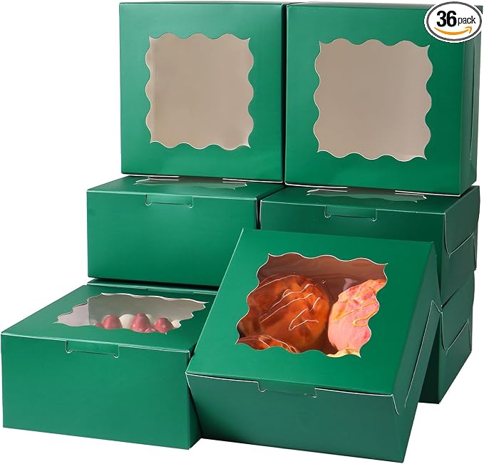 6x6x3 Inches Small Cake Box with Window, Bakery Box, Pastry Boxes, Cookie Boxes, Mini Pie Box for Pastry,Dessert,Strawberries,Chocolates, Cupcakes with paper stickers (Green/36pcs)