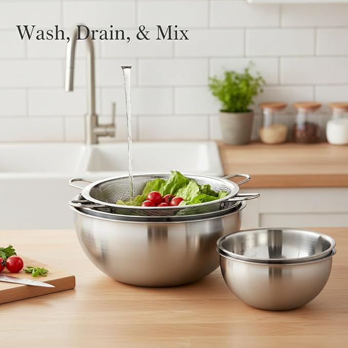 Stainless Steel Mixing Bowl Set with Nested Strainer, 2-in-1 Prep Basin for Washing, Draining, and Mixing
