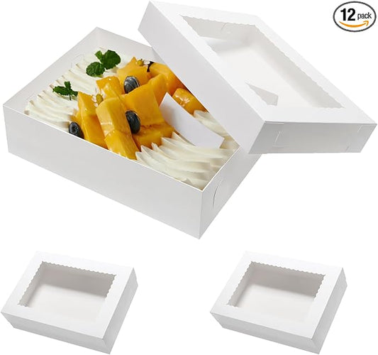 Wowxyz 12pcs 14x10x4 Cake Boxes Rectangle Quarter Sheet 1/4 Sheet Bakery Boxes with Window - Donuts, Pastry Baking Cake, Pie White Cardboard Treat Packaging