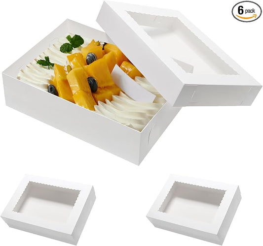 Wowxyz 14x10x4 Cake Boxes 6pcs Rectangle Quarter Sheet 1/4 Sheet Bakery Boxes with Window - Donuts, Pastry Baking Cake, Pie White Cardboard Treat Packaging