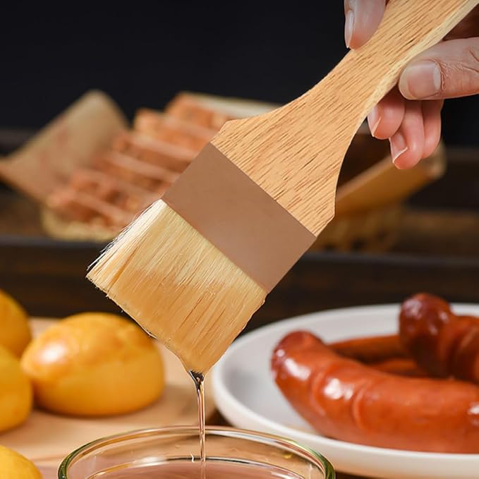 Set of 2 Boar Bristle Pastry Brushes, 2 Inch Width, Beech Wooden Handle, Brown, Kitchen Brush for Grill BBQ Baking Cooking, Sauce Marinade Basting