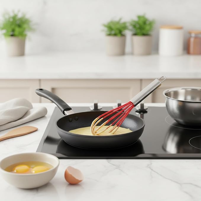 8-Inch Silicone Coated Egg Whisk, Stainless Steel Wire Mixer for Non-Stick Cookware, Red Kitchen Tool for Baking and Cooking