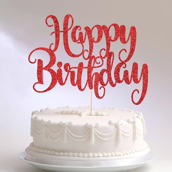 Happy Birthday Cake Topper- Glitter Happy Birthday Cake Decor, Handmade Anniversary/Birthday Party Supplies (Red)