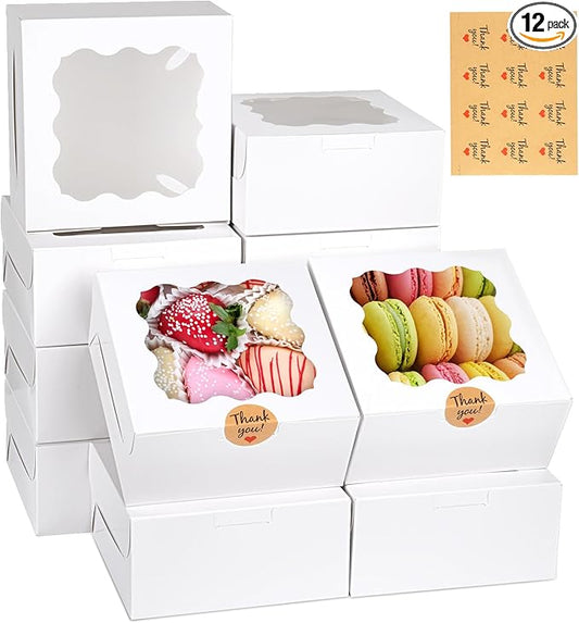 WINKIO 12 Pieces Cookie Boxes with Window, 6×6×3 Inches Treat Boxes for Bakery Dessert Pastry Mini Cake Favor Donut Baked Goods (White, with Stickers)