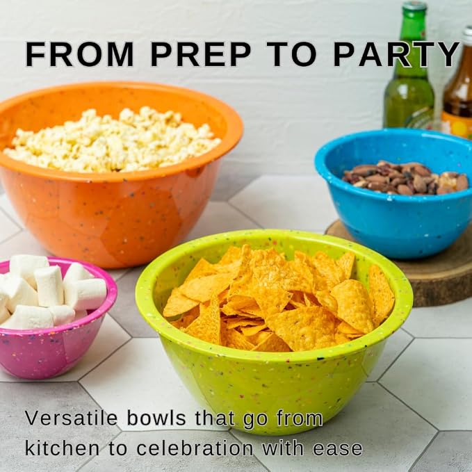 bzyoo Confetti Nesting Mixing Bowls Set - 4-Piece Colorful Kitchen Bowls (18oz, 1.25QT, 2.5QT, 4QT) - BPA-Free, Dishwasher Safe, Space-Saving Design Vibrant Color